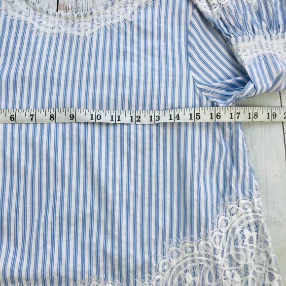 Zara Blue and White Striped Long-Sleeve Lace Detail Top Size X-Small - Picture 7 of 8